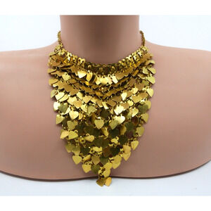 Gold Tone Bib Statement Cascading Metal Hearts Necklace Boho Belly Dance